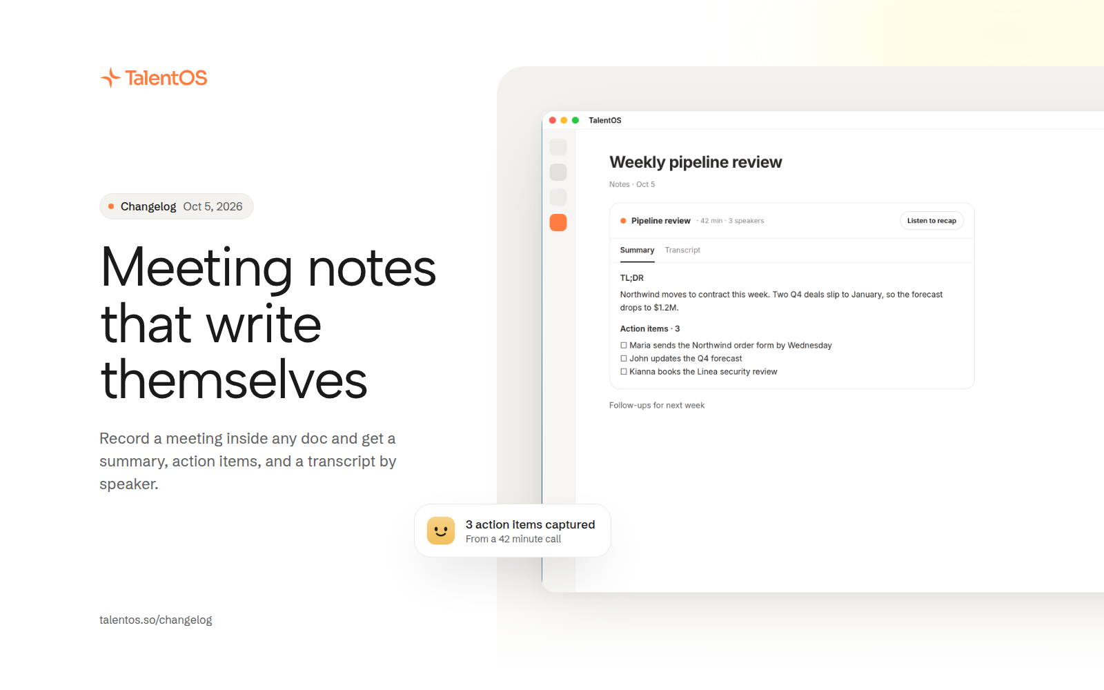 A meeting notes card inside a document showing a summary, three action items, and Summary and Transcript tabs