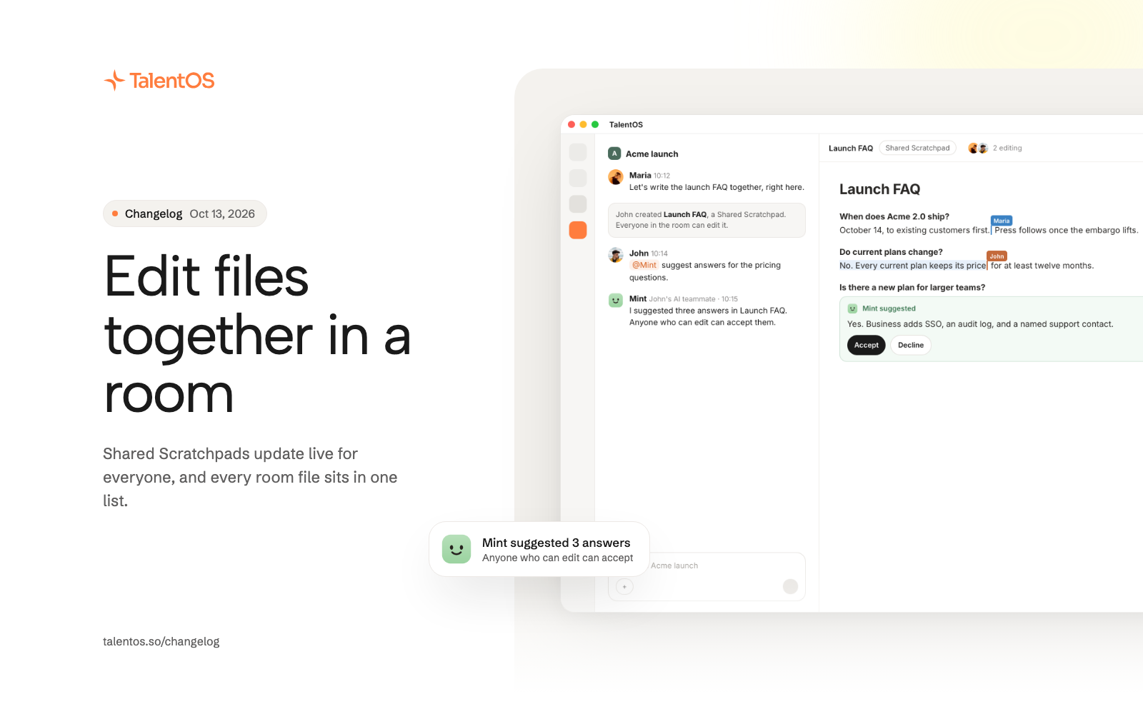 A room conversation beside a Shared Scratchpad with two people editing and an AI teammate's suggestion waiting to be accepted