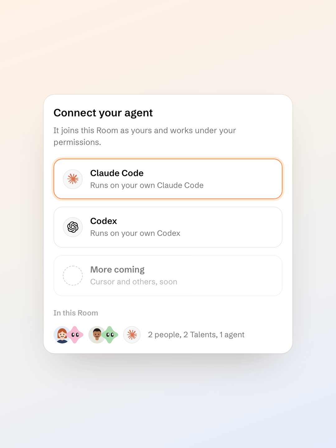 Connecting Claude Code or Codex so it joins the Room as your agent.